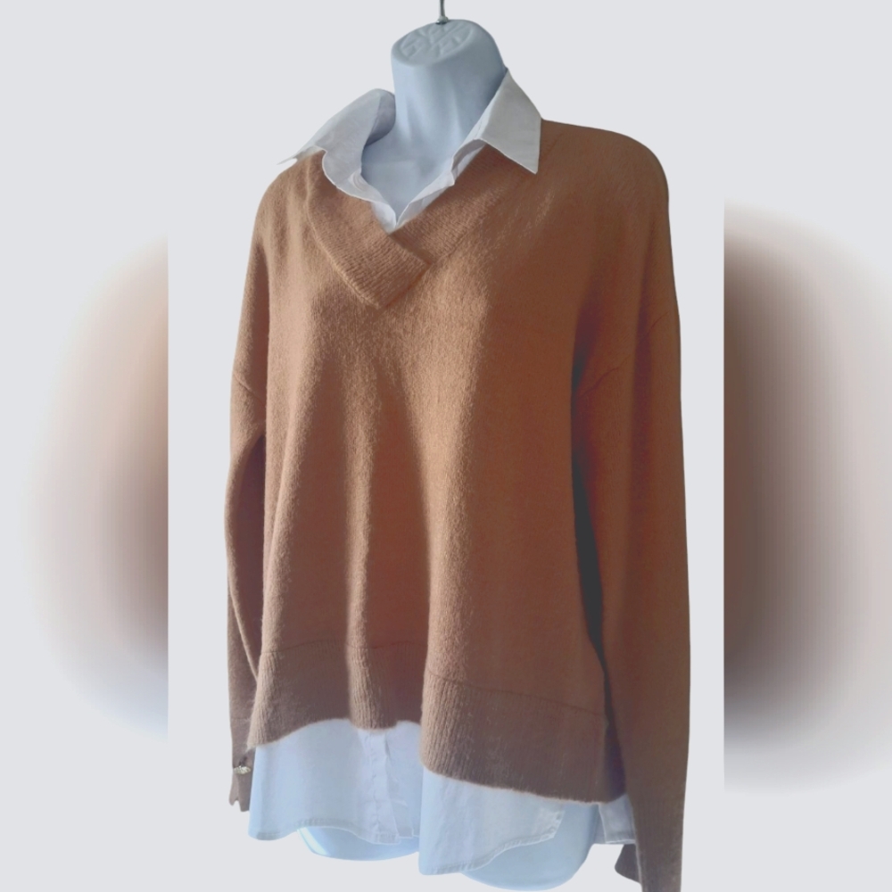 Women's Anne Klein Desert Brown Sweater with Blouse Trim and Gold Buttons L